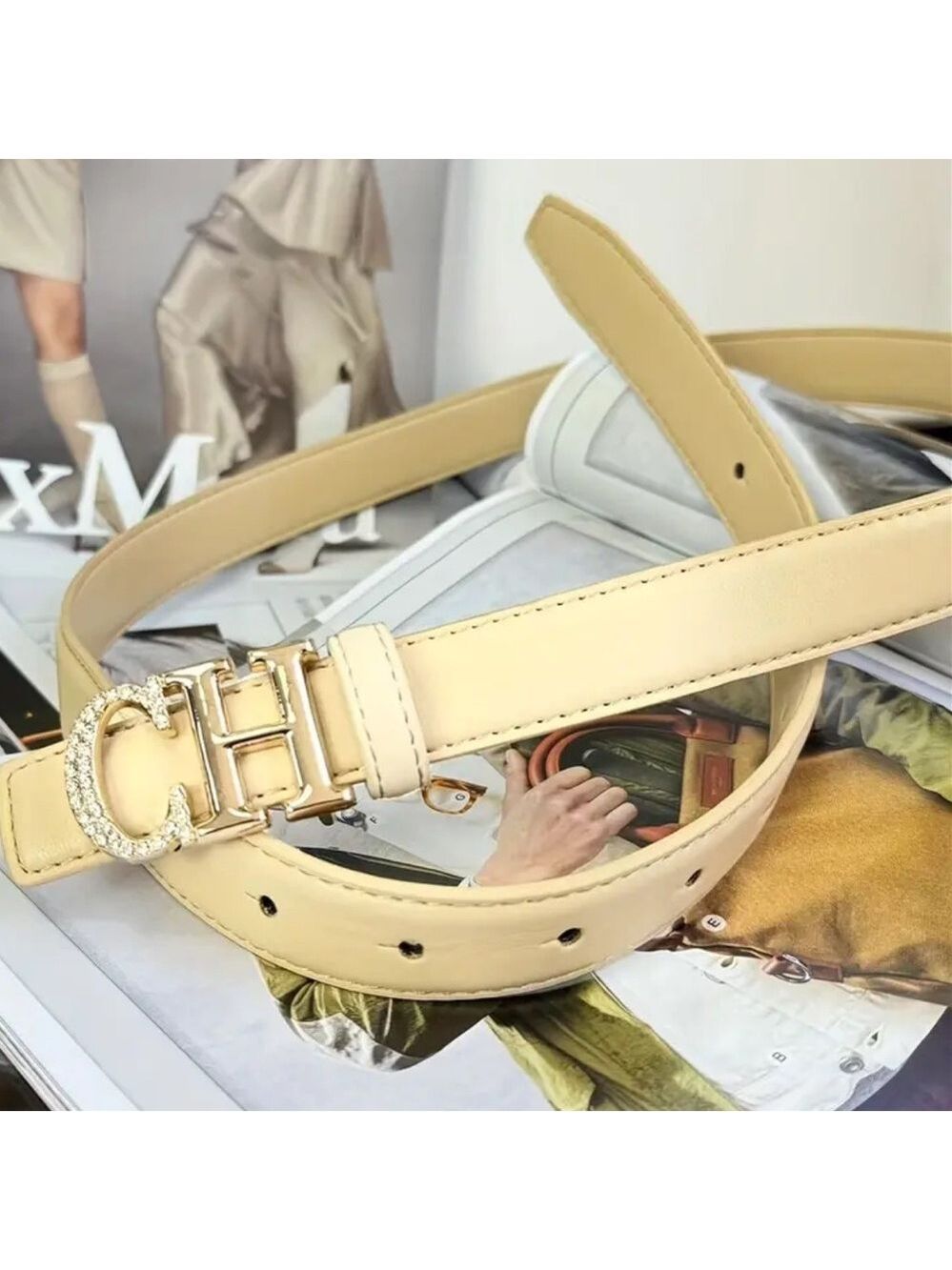 Iconic "CH" Bling Buckle Luxury Belt in Apricot
